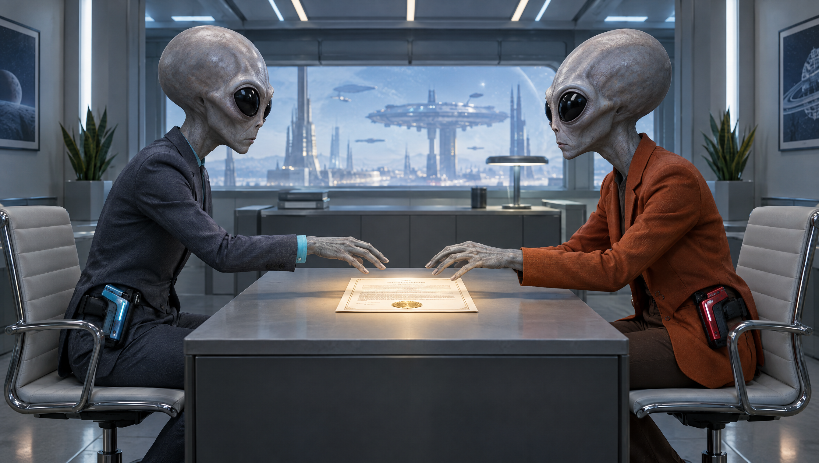 Gray aliens poised for a contract duel